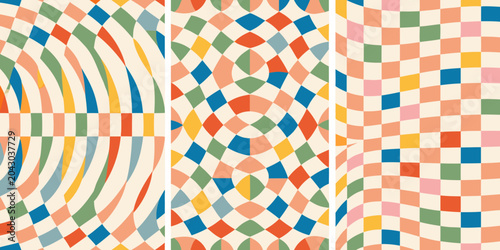 Foto wavy checkerboard pattern triptych geometric abstract colorful