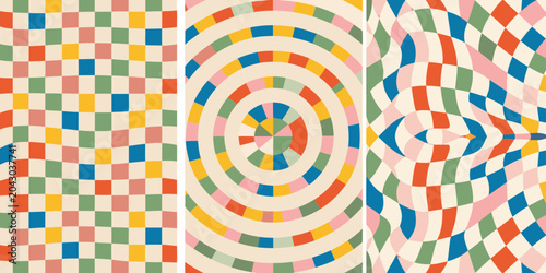 Schilderij op canvas wavy checkerboard patterns triptych geometric abstract design