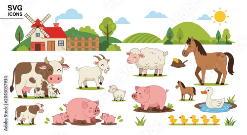Fotografia Farm animals on green grass field.