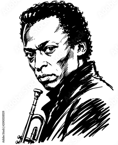 Fotografija Miles Davis Hand-Drawn Ink Vector Portrait Illustration Isolated on Transparent