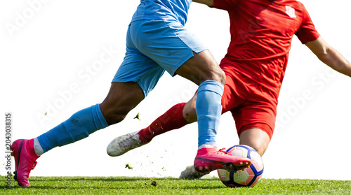 two Soccer players competing for the ball