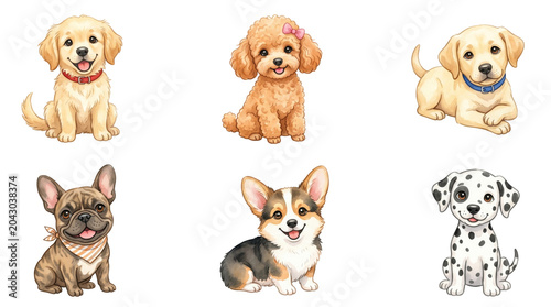 cute puppies of different dog breeds watercolor clipart set