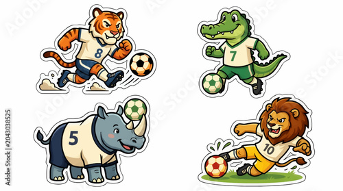 Cute Cartoon Animal Soccer Players with Soccer Balls, Tiger, Crocodile, Rhinoceros, Lion, Isolated on White Background, Vector Illustration