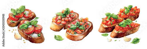 Foto Watercolor bruschetta collection showing toasted bread topped with fresh tomatoe