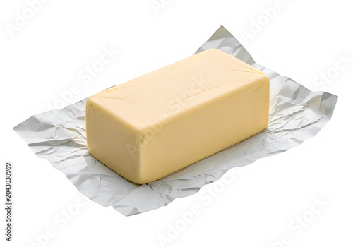 Golden brown butter wrapped in aluminum foil on crumpled foil