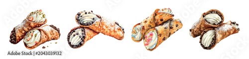 Obraz na plátně Italian cannoli pastries watercolor illustration collection displaying sweet ric