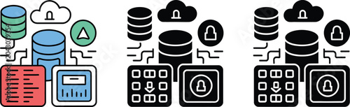 Silhouette style icon illustrating cloud database security, data protection, and encryption on white background for tech design