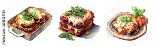 Bild auf Leinwand Watercolor illustration of three portions of eggplant parmigiana with roasted au