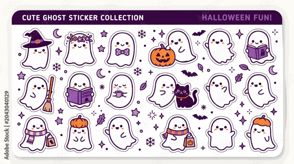 Obraz premium Cute Halloween Ghost Sticker Collection with Pumpkins, Bats, and Witch Hat, Flat Vector Illustration with Festive Elements and Copy Space