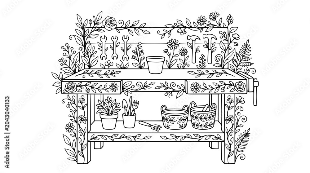 Fototapeta premium Garden Workbench with Tools and Flowers Coloring Page Illustration