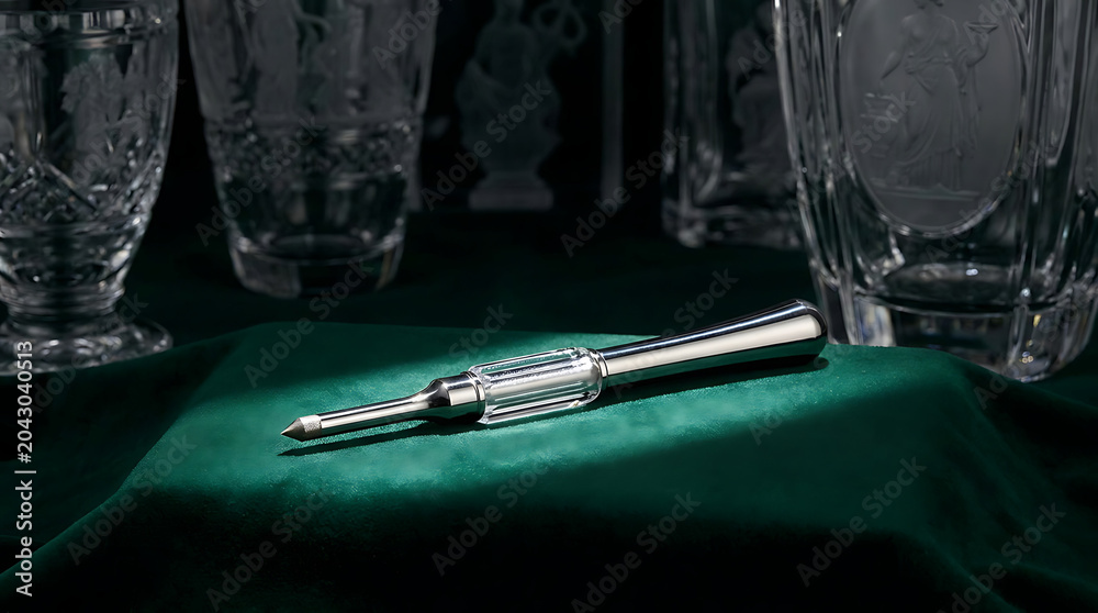Naklejka premium Close-up of glass engraving tool resting on dark green velvet fabric in dim lighting