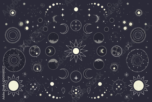 Canvas-taulu Celestial Bodies And Suns Vector Illustration With Dark Background
