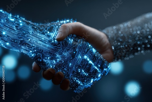 Digital technology shaking hands in darkness