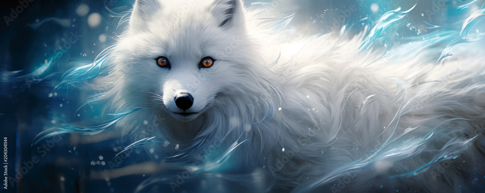 Naklejka premium white polar fox in mystic winter forest illustration