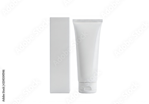 White tube of cream standing upright next to box