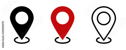 A set of three distinct location pin icons: solid black, solid red, and outline black, representing map markers.