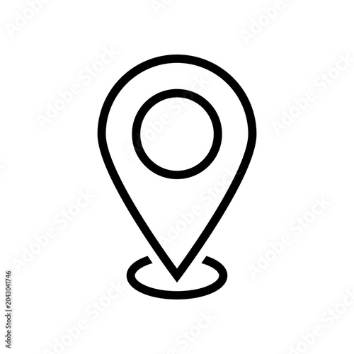 An outline black location pin icon with a circular base, representing a map marker or geographic position.