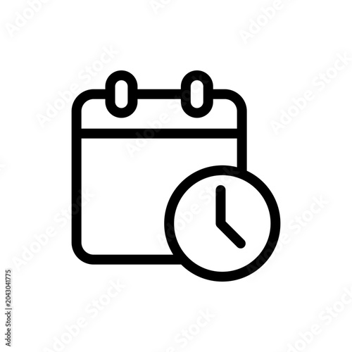 Outline vector icon showing a calendar page combined with a clock symbol, indicating scheduled time or a timed event.
