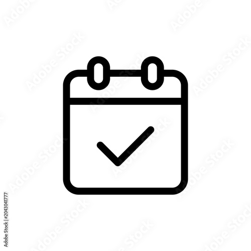 Outline vector icon of a calendar page with a checkmark, signifying completion, confirmation, or successful scheduling.
