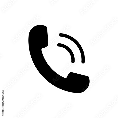 Solid black vector icon of a ringing telephone receiver with sound waves, indicating an incoming call or active communication.