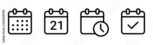 Set of four linear calendar icons representing dates, scheduling, time management, and completion.