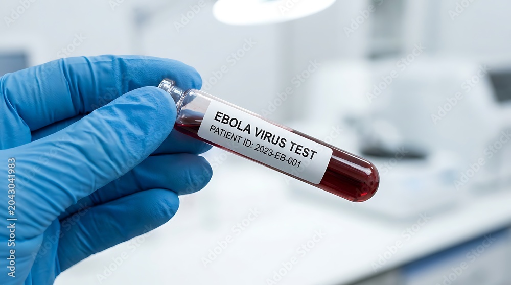 Obraz premium Close up of gloved hand holding Ebola virus test tube with red liquid sample in laboratory setting for medical research and diagnostics.