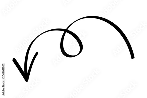 Black arrow curly hand drawn curved doodle shape pointing left for direction