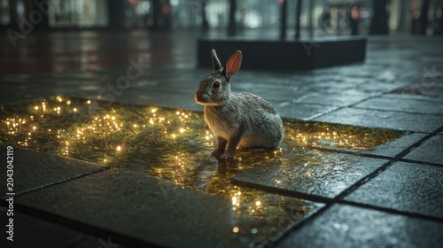 Realistic rabbit on urban square with reflections from glowing puddles at night Generative AI