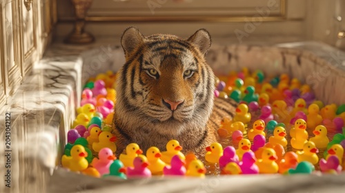 Tiger sits in bathtub full of rubber ducks in marbled bathroom with sunlight Generative AI