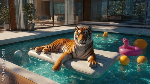 Realistic tiger relaxing on inflatable mattress in pool near modern cottage Generative AI