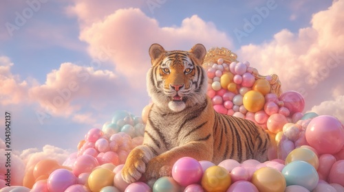 Tiger sits on a throne made of colorful balloons under a pastel sky Generative AI