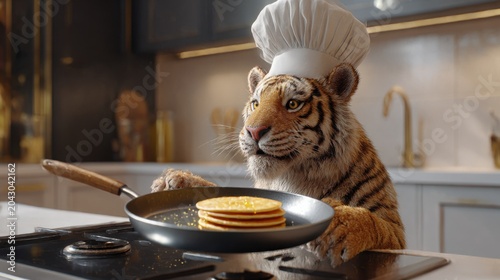Tiger chef flips pancakes in modern kitchen with surreal twist Generative AI
