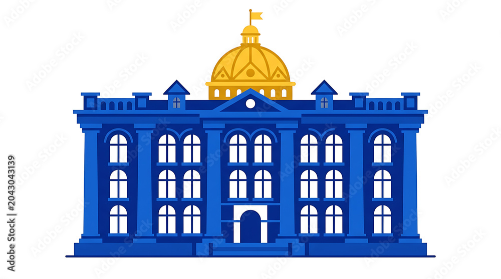 Fototapeta premium Neoclassical government building with dome and columns illustration isolated on transparent background