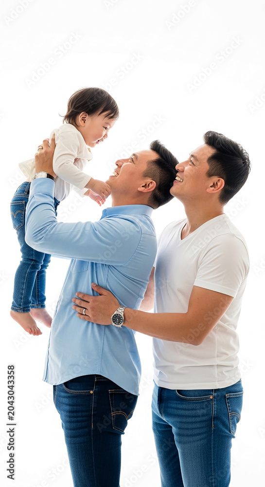 Fototapeta premium Joyful family portrait with two adult males and a child, signifying love, togetherness, and happiness, ideal for lifestyle and family themes