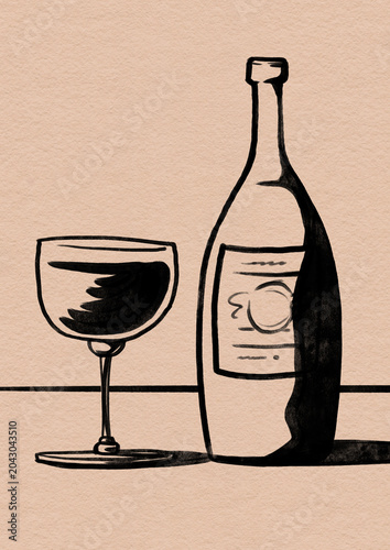 Hand drawn, brush ink sketch of a bottle of wine and win glass on a table