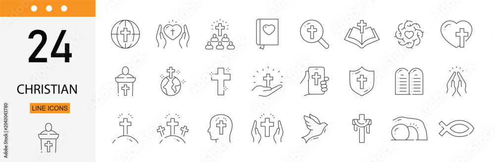 Obraz premium Christian icons set representing faith, worship, prayer, church, spirituality, religious traditions, biblical teachings and Christian beliefs. Editable Stroke