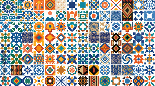 Foto Colorful geometric tile mosaic collage with intricate tessellated patterns and vibrant ornamentation