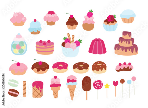 Cute sweets and desserts illustration set with cupcakes cakes and ice cream. Illustration of delicious desserts isolated on a white background.