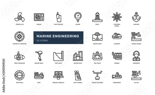 Marine Engineering Icon Set Line Outline Style for Nautical and Industrial App