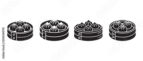 Foto Set of bamboo steamer baskets with dim sum dumplings isolated on a white background in flat style