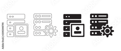 Bild auf Leinwand Set of server and user profile icons with gear settings in outline and solid black styles on white background