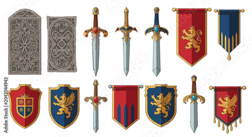 Tableau sur toile Medieval Swords Shields and Banners Display.