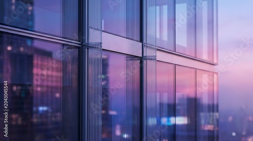 Modern glass building exterior with purple and pink sunset sky reflections, urban architectural detail, contemporary office facade, city skyline blurred background.
