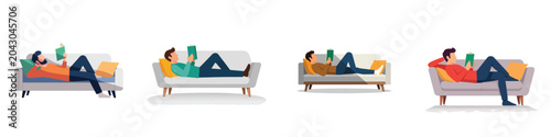 Photos Four men relaxing on sofas, reading books, enjoying leisure time at home, creati