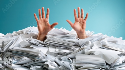 Overwhelmed office worker buried under piles of paperwork and documents, symbolizing stress, overload, bureaucracy and workplace burnout
