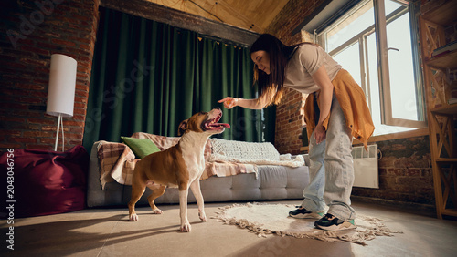 Obraz na plátně Woman rewarding attentive dog with treat in cozy loft apartment