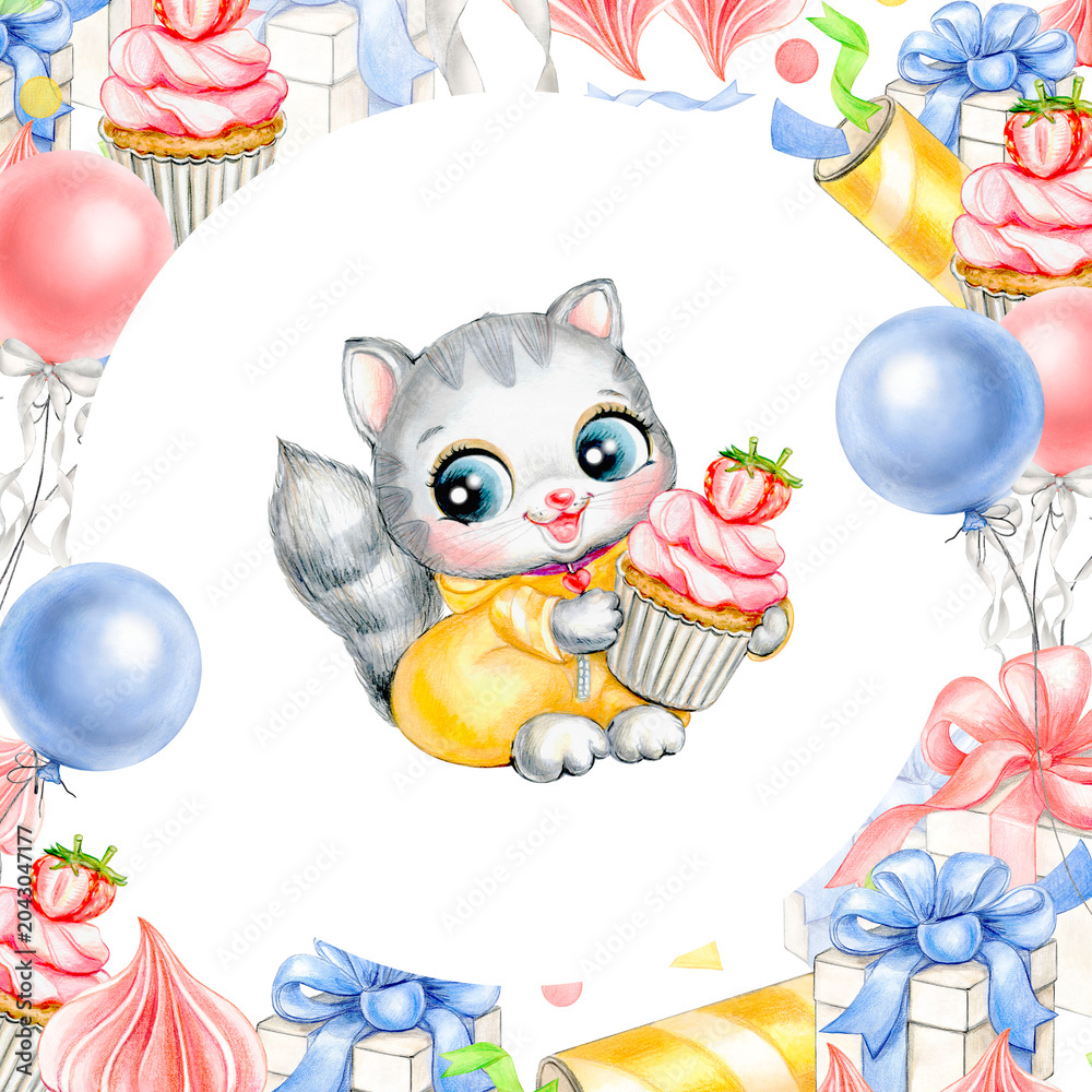 Fototapeta premium Watercolor square frame for children's birthday with a cute cat. Handmade illustration for postcards, stickers, booklets
