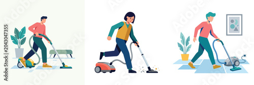Εκτύπωση καμβά Household cleaning with vacuum cleaners by men and women illustration