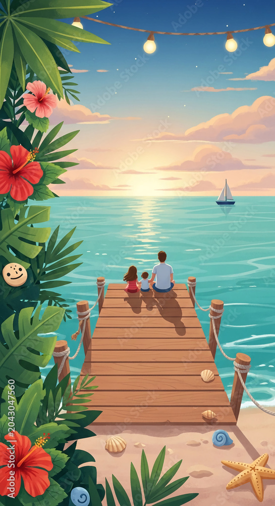 Obraz premium A family watches the sunset on a wooden pier, surrounded by tropical foliage, symbolizing summer vacation and togetherness