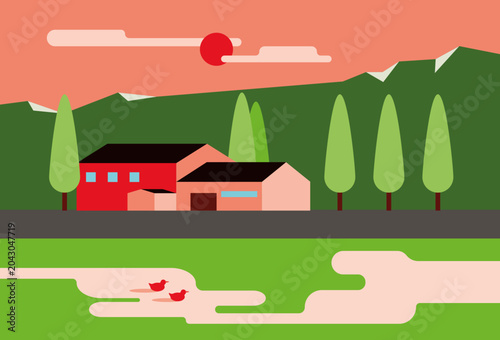 Peaceful Rural Landscape with Farm and Pond at Sunset